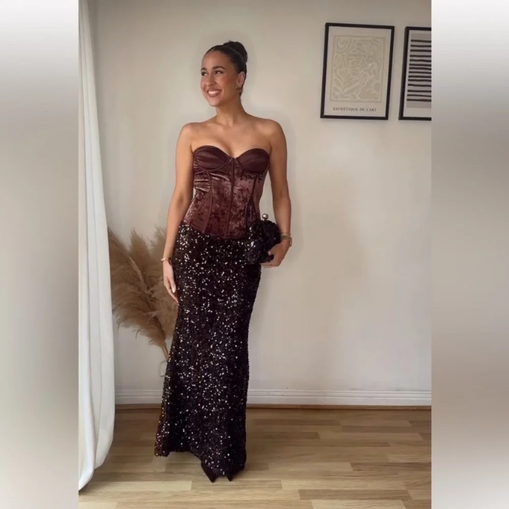 ZARA LONG SEQUIN SKIRT BROWN LARGE